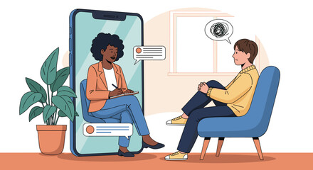 Online Therapy Session: Man Seeking Mental Health Counseling from Therapist via Video Call in Modern Home Setting, Illustrating Telehealth, Well-being, Anxiety Relief, and Professional Healthcare Supp