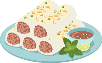 Flat Style Delicious Banh Trang Cuon Vietnamese Spring Roll Food Illustration