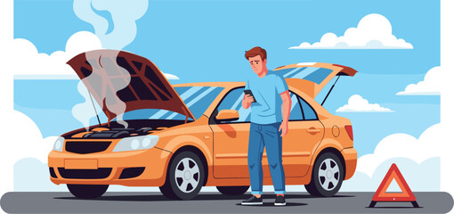 Frustrated Man Stranded with Broken Down Car on Roadside, Calling for Assistance, Yellow Sedan Smoking with Open Hood, Hazard Lights On, Seeking Help, Automotive Trouble, Travel Emergency, Auto Repair