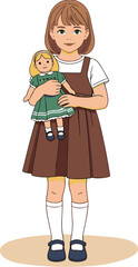 Young Girl Holding Vintage Doll in Brown Jumper Dress, a Childhood Portrait Illustration Depicting Innocence and Playtime Joy, Set Against a Simple Studio Backdrop for Nostalgic Design, Promoting Chil