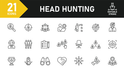 Headhunting line icon set. Set of 21 outline icons related to recruitment, hiring, human resources, HR, job, headhunting and others. Editable stroke. Vector illustration.