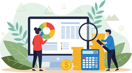 Business Analysts Reviewing Financial Data on Computer with Magnifying Glass and Calculator in Modern Office Setting, Illustrating Investment Analysis, Data Visualization, Strategic Planning and Budge