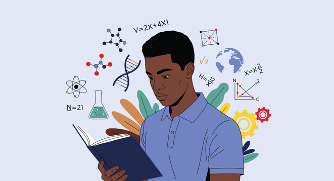 Focused Student Studying Science and Mathematics, Reading a Book Amidst Equations, Chemical Structures and Scientific Symbols in an Educational Environment, Illustrating Knowledge, Research, Learning,