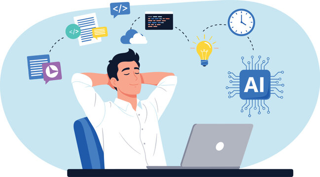 Relaxed Software Engineer Embracing Artificial Intelligence in a Modern Workspace, Automating Tasks and Innovating with Code, Idea Generation, and Cloud Technology for a Productive and Efficient Futur