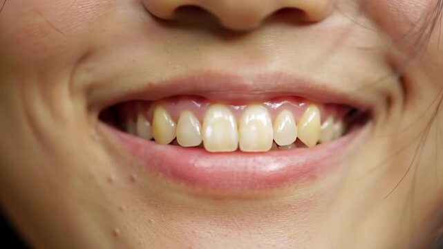 Close-up of a smiling mouth, revealing teeth and lips. Showing healthy gums