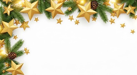A festive Christmas border with golden stars and green fir branches on a white background.