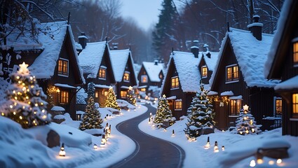 Charming Winter Village Scene with Snow Covered Houses and Christmas Trees Glowing with Warm Light