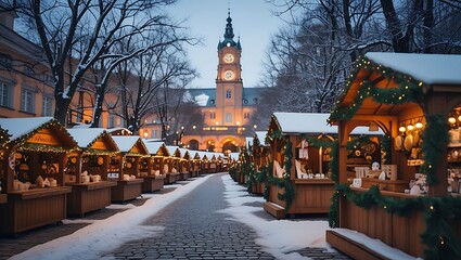 Charming Winter Market Scene with Wooden Stalls and Illuminated Clock Tower at Dusk