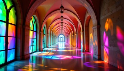 Obraz premium Colorful Arched Corridor with Rainbow Light Effects