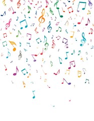 A vibrant composition of colorful musical notes and treble clefs cascading downwards against a stark white background. The floating notes have a watercolor effect