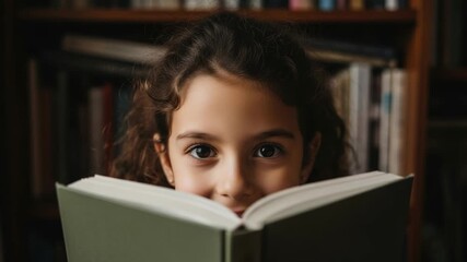 Closeup portrait of a young girl reading a book in a library