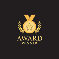 Gold award of winner medal abstract vector and logo design or template champions business icon of company identity symbol concept