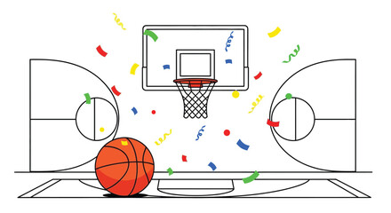 Minimal 2D flat vector of a basketball, hoop, and court lines with festive confetti around, representing World Basketball Day, clean and bold design, simple background