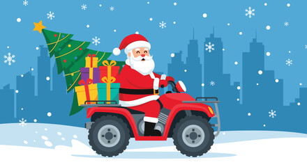 Cheerful Santa Claus Delivering Christmas Gifts and Tree on ATV in Snowy City Landscape - Festive Holiday Illustration for Greeting Cards, Advertising, Website Banners, Marketing Materials, Seasonal D