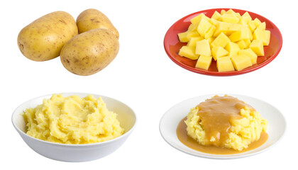 Potato Delights Raw Cubed Mashed with Gravy Dishes on Checked Background