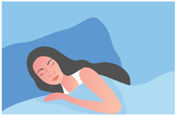 Beautiful woman sleeping happily on bed vector illustration. Sweet dream and good sleep concept	
