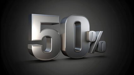 Shiny Metallic Fifty Percent Render Realistic 3D Discount Advertising Isolated Black Promotion Sell Off Savings Half Rate Reduction Deal Special Purchase Sale Banner Marketing Flyer Announcement