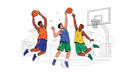 2D flat vector illustration of basketball players jumping and shooting hoops on an outdoor court, symbolizing teamwork and sportsmanship, World Basketball Day