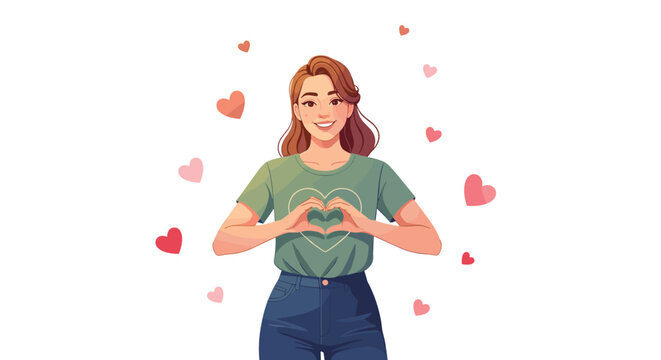 Smiling Brunette Woman Expressing Love with Heart Hands Gesture Surrounded by Floating Hearts on White Background for Valentine's Day Illustration of Romance, Affection, and Care with Positive Vibes,