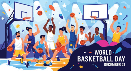Flat vector poster showing diverse men and women playing basketball together under bright lights, celebrating World Basketball Day, energetic and modern style