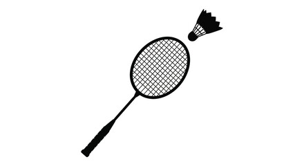 A black silhouette of a badminton racket and shuttlecock in motion against a white background