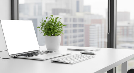 Modern Office Desk With Laptop Plant and Keyboard Facing Large Window with City View