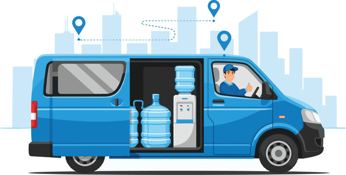 Blue Van Delivering Fresh Water Bottles with Driver on Urban Route in Cityscape Background for Business, Healthcare, Office, and Home Hydration Needs, Featuring Navigation and Modern Logistics for Pre