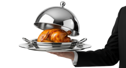Chef In Black Suit Serves Golden Roasted Chicken On A Silver Platter With Dome Isolated On a transparent Background