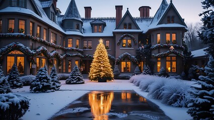Elegant Mansion Decorated for Christmas with Snow and Festive Lighting Ambiance