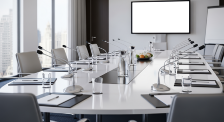 Modern Conference Room with Long White Table and Microphones Facing City View Window