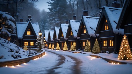 Enchanting Snowy Village Scene with Christmas Lights and Cozy Homes in Winter Wonderland