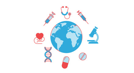 Minimal 2D flat vector of a world globe surrounded by medical symbols like stethoscope, syringe, and microscope, representing prevention and global cooperation, International Day of Epidemic Preparedn