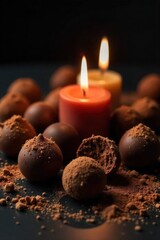 Artisanal Chocolate Truffles and Candle s Gentle Flicker A still life composition featuring several artisanal chocolate truffles, some dusted with cocoa powder, artfully arranged around a lit taper