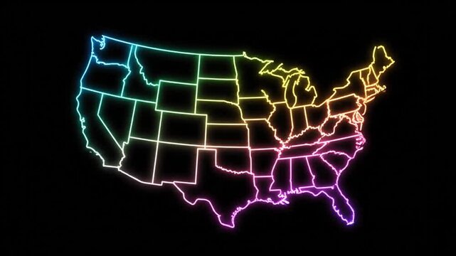 Dynamic Animation of a Glowing USA Map with Colorful Neon Lines Tracing State Borders