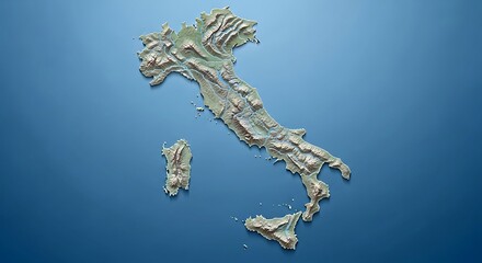 Topographic Map of Italy Showing Mountain Ranges and Islands on Blue Background