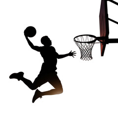 Illustration of silhouette of basketball player dunking isolated on transparent background