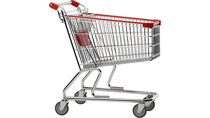 A shiny metal shopping cart with red handles and a basket for groceries isolated on transparent background