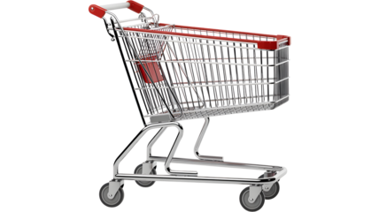 A shiny metal shopping cart with red handles and a basket for groceries isolated on transparent background