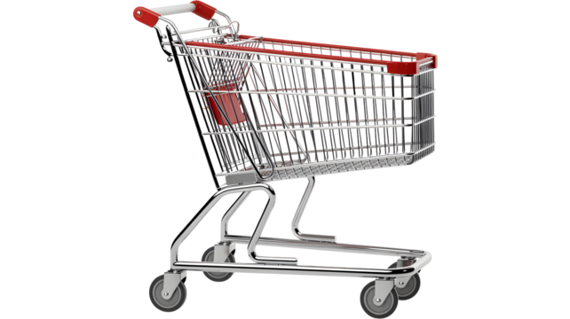 A shiny metal shopping cart with red handles and a basket for groceries isolated on transparent background - Powered by Adobe