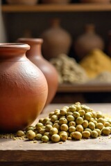 Autumnal Olive Oil Press Rustic wooden tools and overflowing amphorae in a traditional olive oil mill. A still life composition within a rustic, traditional Greek olive oil mill. Focus on weathered