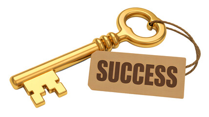 Golden antique key with a tag labeled success symbolizing opportunity and achievement isolated on transparent background