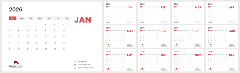 Modern 2026 desk calendar template for company. Clean 2026 calendar layout with planner.