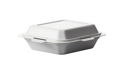 White disposable foam food container with hinged lid for takeout meals and leftovers isolated on transparent background