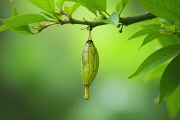 Monarch chrysalis suspended, showing developing butterfly inside. A close up, ethereal shot of a translucent monarch chrysalis hanging from a delicate green stem. Hints of the developing butterfly s
