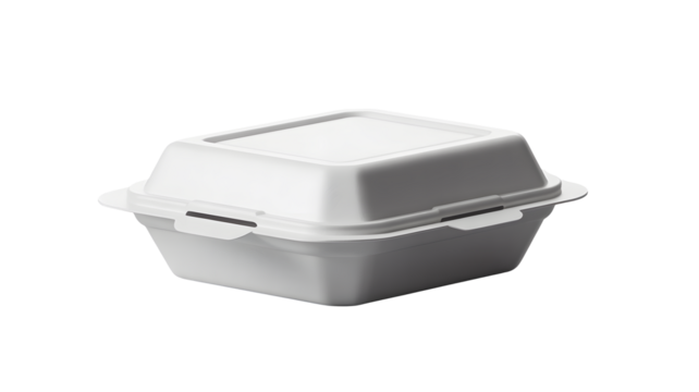 White disposable foam food container with hinged lid for takeout meals and leftovers isolated on transparent background