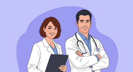 Fototapeta premium Smiling Medical Professionals Team Delivering Healthcare Solutions in Modern Clinic Setting, Doctors and Nurses Providing Expert Consultation, Diagnosis, and Treatment, Illustration Style, Healthcare,