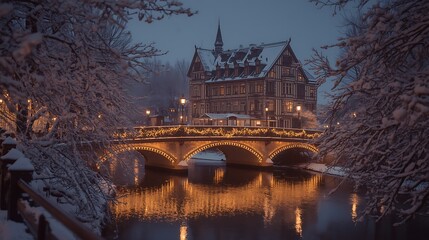 Fairytale winter scene of an old building over a canal and bridge covered with snow