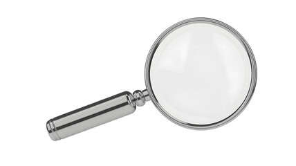 Classic magnifying glass with a metallic handle and a clear lens for detailed examination isolated on transparent background