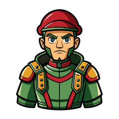 Cartoon vector illustration of a soldier in green military uniform