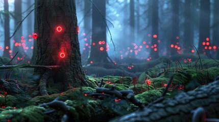 Enchanted Forest with Glowing Red Lights and Misty Background at Twilight